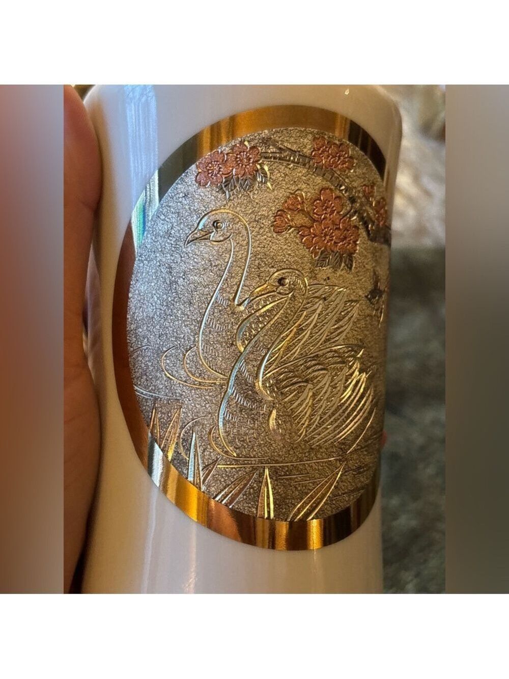 VINTAGE Japanese Chokin Art Vase • 24K Gold Swan Relief • Porcelain • EUC - Picture 7 of 15